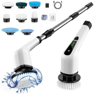 Cordless Electrical Spin Scrubber for Residence Cleansing – 400 RPM, 8 Replaceable Brush Heads, 90 Minutes of Runtime, 3 Adjustable Sizes, and a pair of Velocity Settings for Lavatory and Bathe Use