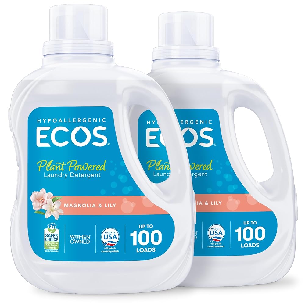 ECOS Liquid Laundry Detergent, 200 Masses – Dermatologist Authorised, Hypoallergenic, EPA Safer Selection Licensed, Plant-Primarily based – Magnolia Lily Scent, 100 Fl Oz (Set of two)