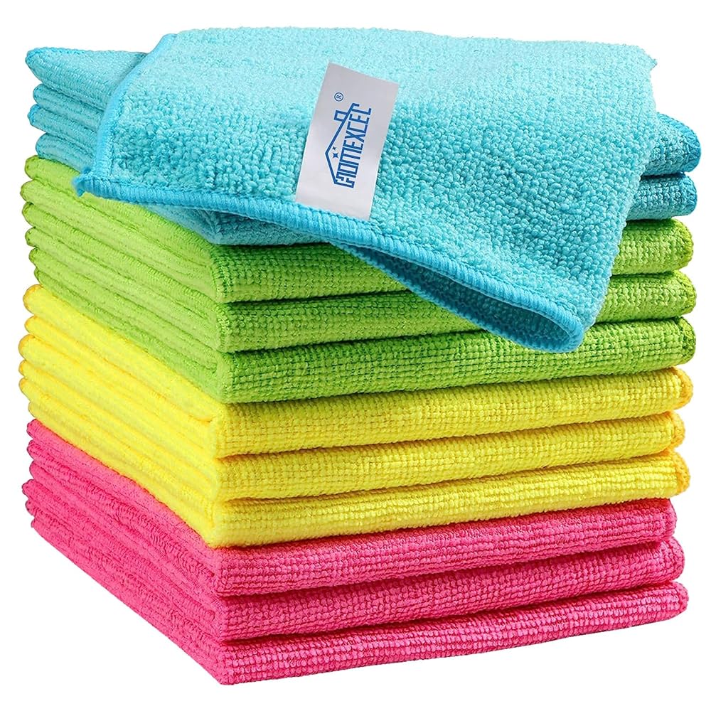 HOMEXCEL 12-Pack Microfiber Cleansing Cloths, Assorted Colours (Inexperienced/Blue/Yellow/Pink), 11.5″ x 11.5″ Cleansing Towels